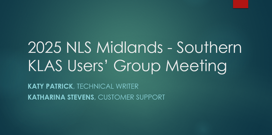 Title slide of the KLAS Users' Group Meeting from the 2025 NLS Midlands-Southern Conference.