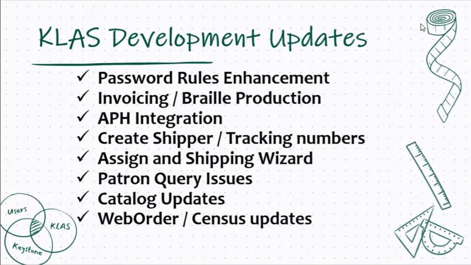 Powerpoint slide with heading "KLAS Development Updates."