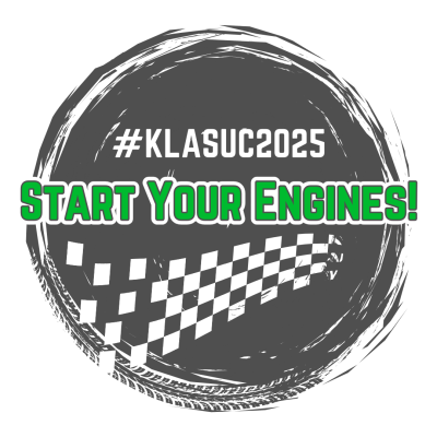 Start your engines! logo for the # KLAS UC 2025 conference with a white checkered flag waving out and an asphalt grey background with tire marks.