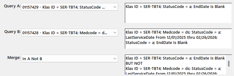 The merge queries screen. There are two rows labeled Query A and Query B, each leading with a combo box with your recent queries as the options. Each query is listed with an id number followed by the parameters. Once a query is selected, the next field lists the search parameters of that query for easier review. Not shown is a third field in each row with the count of results. The third row is labeled merge, with the combo-box set here to In A Not B, with the combined parameters in the next field, again followed by the results count.