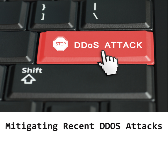 An image shows a white cursor hovering over a large red keyboard button that reads "STOP DDoS ATTACK". Below the image black texts reads "Mitigating Recent DDOS Attacks".